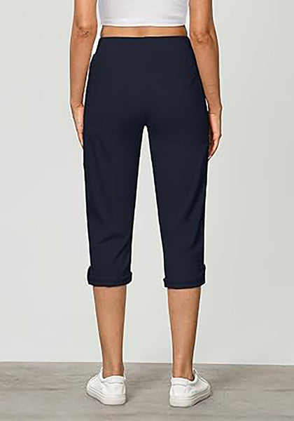 GRAPENT Capri Cargo Pants for Women High Waisted Pull On Elastic Waist Stretch Twill Fold Hem Capris Pants with Pockets