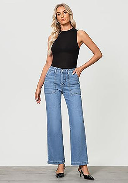 GRAPENT Jeans for Women High Waisted Straight Leg Jeans Stretchy Trendy Wide Leg Denim Pants Jean Trousers Patch Pockets