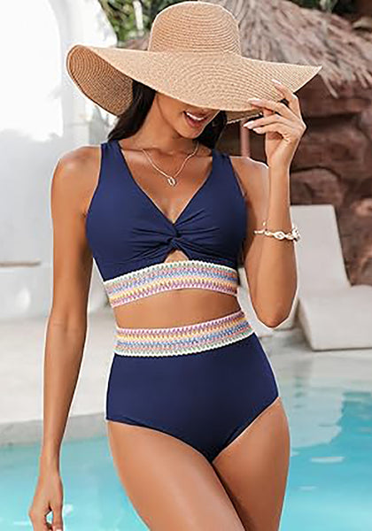 GRAPENT Bikini Sets for Women High Waisted Two Piece Swimsuit Padded Knot Twist Cut Out Color Block Bathing Suit Bikinis