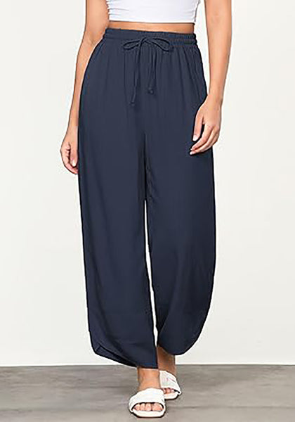 GRAPENT Linen Pants Women High Waisted Wide Leg Casual Beach Pull On Elastic Waist Summer Cropped Pants with Pockets