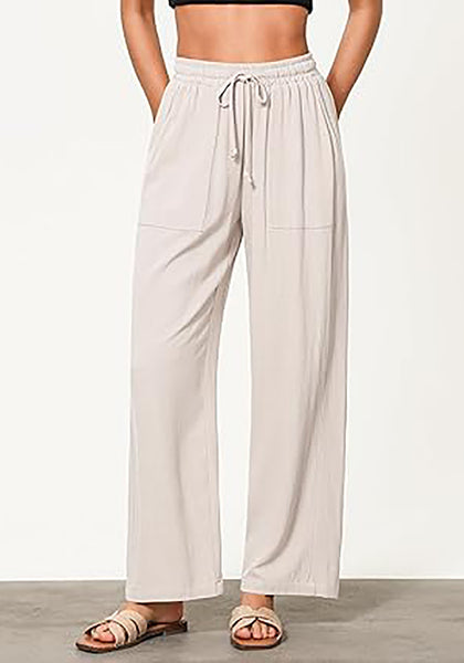 GRAPENT Linen Pants for Women Wide Leg High Waisted Baggy Drawstring Elastic Waist Palazzo Trousers Pants with Pockets