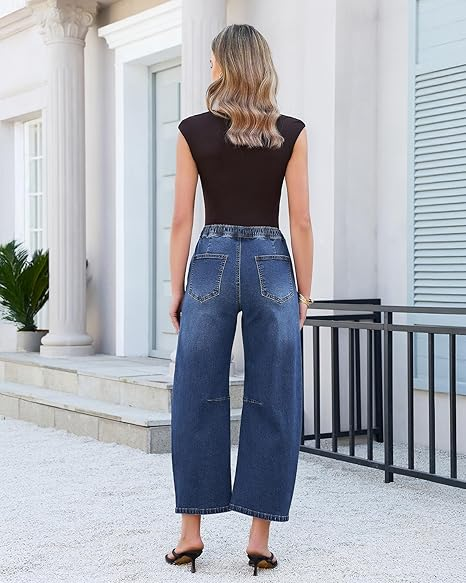 GRAPENT Barrel Jeans for Women Trendy High Waisted Cropped Baggy Wide Leg Pull On Elastic Waist Stretchy Denim Pants