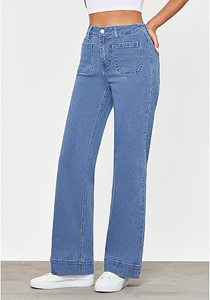 GRAPENT Women's Full Length Stretch Denim Regular Jeans High Waisted Bell Bottom