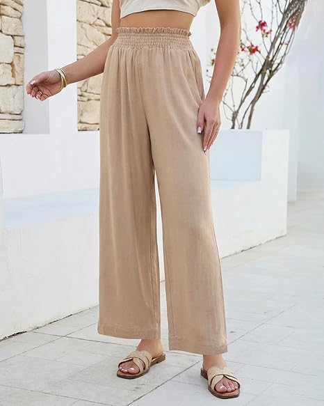 GRAPENT Linen Pants for Women Wide Leg High Waisted Paper Bag Smocked Waist Casual Summer Beach Vacation Palazzo Pants