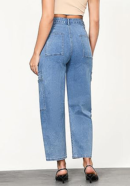 GRAPENT Barrel Jeans for Women Trendy High Waisted Cropped Cargo Pocket Baggy Stretch Denim Pants Wide Leg Tapered Jeans