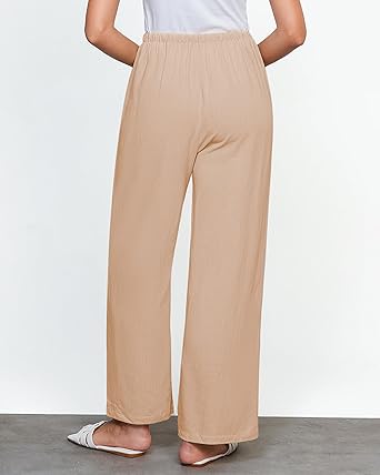 GRAPENT Linen Wide Leg Pants Woman High Waisted Pull On Button Drawstring Baggy Casual Summer Palazzo Pants with Pockets