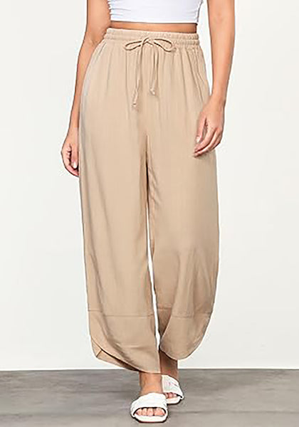 GRAPENT Linen Pants Women High Waisted Wide Leg Casual Beach Pull On Elastic Waist Summer Cropped Pants with Pockets