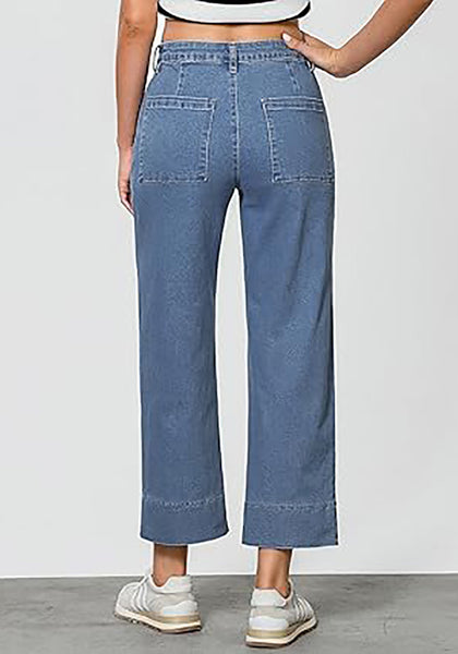 GRAPENT Wide Leg Jeans for Women Trendy High Waisted Straight Leg Cropped Stretchy Denim Pants with Retro Patch Pockets
