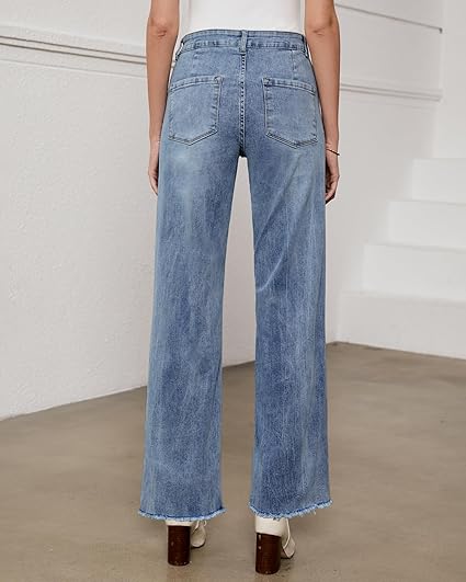 GRAPENT Straight Leg Jeans for Women High Waisted Stretchy Frayed Raw Hem Loose Denim Pants Casual Baggy Jean Trousers