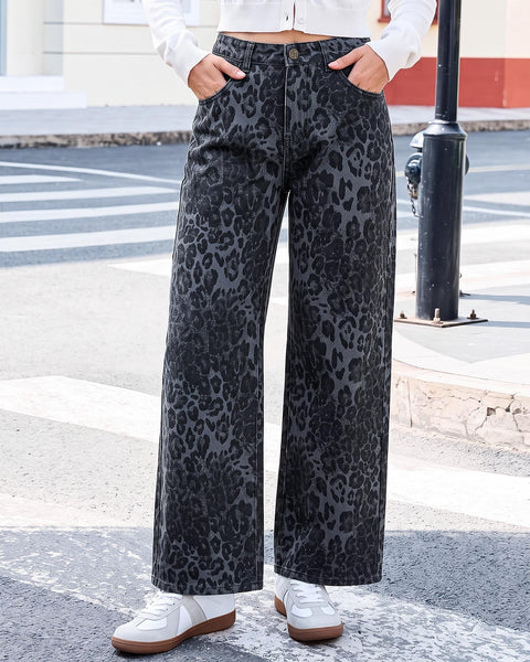 GRAPENT Womens Wide Leg Jeans High Waist Cheetah Print Baggy Leopard Pants | Baggy Wide Leg Cut, Classic Leopard Print, High Rise, 29.5 Inch Inseam, Stretchy Denim Pants, Loose Fit, Western Chic Outfits