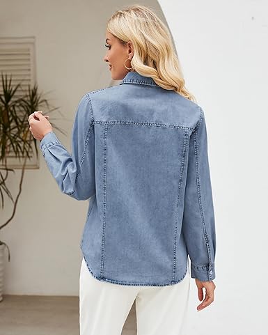GRAPENT Women's Shirt Rugged Button Down Loose Durable Classic Fitted Denim Blouse Top