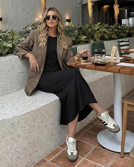 GRAPENT Long Dresses for Women Summer Casual Side Slit Twist Front 2026 Beach Vacation Short Sleeve Comfy Tshirt Dress