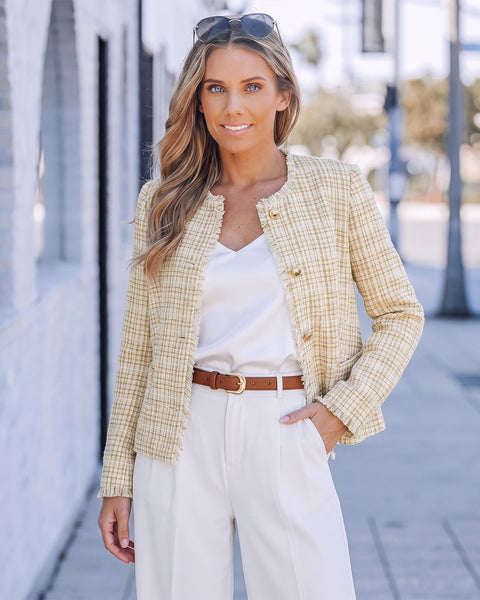 GRAPENT Tweed Blazers for Women Dressy Casual Collarless Work Suit Jackets Textured Tweed, Long Sleeve, Round Neck, Frayed Trim, Casual Blazer Jackets with Shoulder Pads, Business Casual, Office Wear