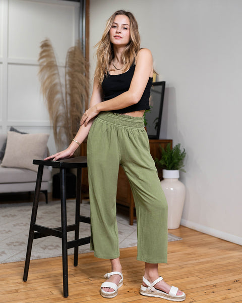 GRAPENT Capri Pants for Women High Waisted Wide Leg Linen Palazzo Trousers Pull On Elastic Smock Waist Loose Flowy Pants