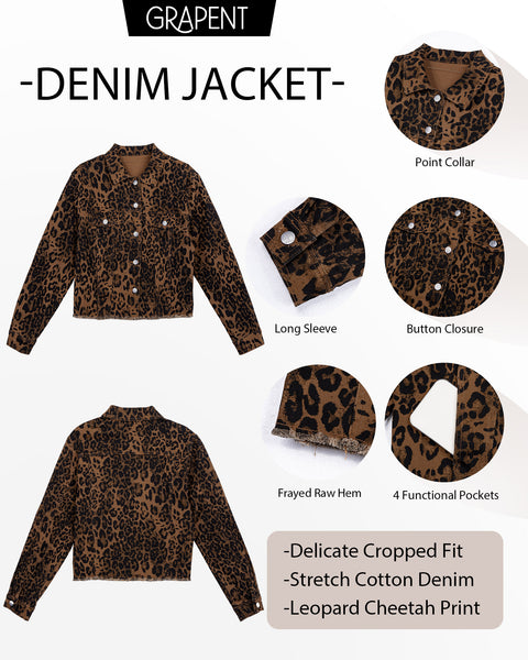 GRAPENT Leopard Jean Jacket Women Cheetah Print Stretchy Frayed Hem Jackets Long Sleeve, Turn-Down Collar, Button Up Denim Jackets, Animal Print, Raw Hem, Four Pockets, Casual Daily Wear, Fall Outfits