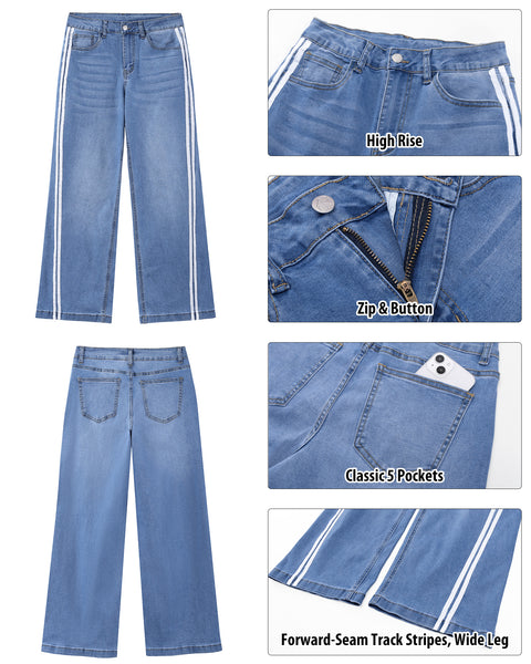 GRAPENT Wide Leg Jeans for Women High Rise Track Stripe Stretch Denim Pants Womens Jeans High Waisted, Full Length, 29.5" Inseam, Classic 5 Pockets, 90s Baggy Style, Country Concert, Work Casual Outfit