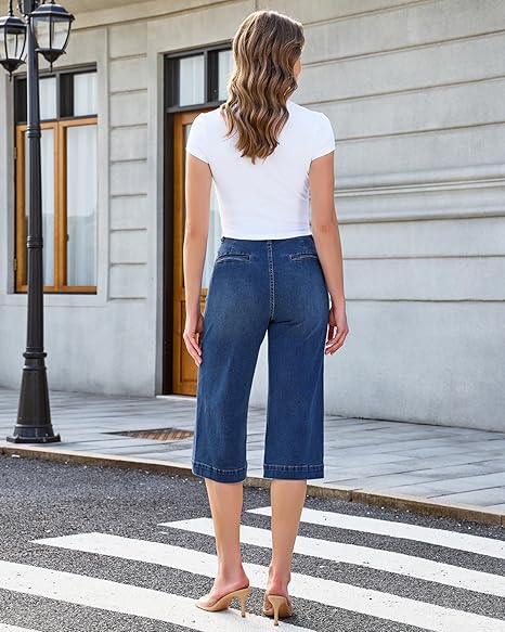 GRAPENT Capri Jeans for Women Wide Leg Trendy High Waisted Side Seam Stretchy Denim Capris Pants Summer Casual Jeans