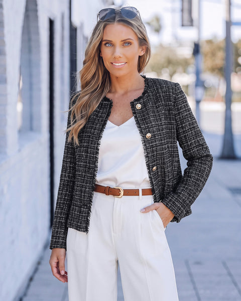 GRAPENT Tweed Blazers for Women Dressy Casual Collarless Work Suit Jackets Textured Tweed, Long Sleeve, Round Neck, Frayed Trim, Casual Blazer Jackets with Shoulder Pads, Business Casual, Office Wear