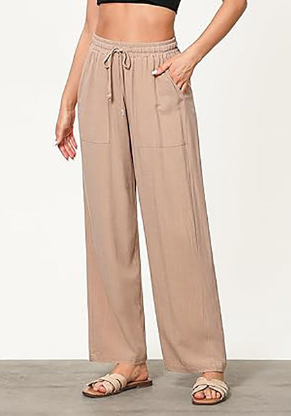 GRAPENT Linen Pants for Women Wide Leg High Waisted Baggy Drawstring Elastic Waist Palazzo Trousers Pants with Pockets