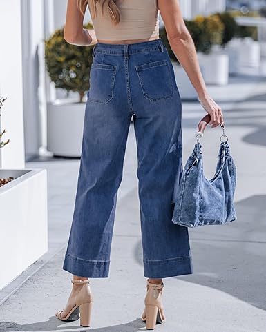 GRAPENT Wide Leg Jeans for Women Cropped Trendy High Waisted Welt Pocket Stretchy Denim Pants Distressed Trouser Jeans