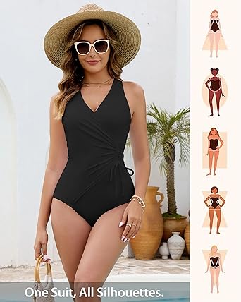 GRAPENT StrapCore One Piece Swimsuit Women V Neck Side Ruched Padded Cute Modest Bathing Suits Swimsuits Beach Vacation Swimwear