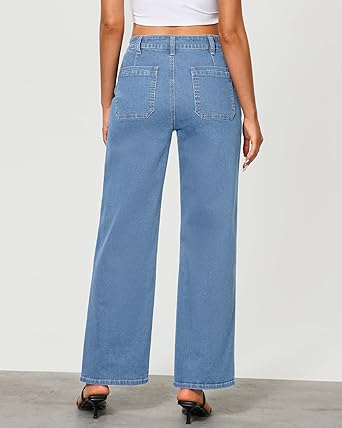 GRAPENT Wide Leg Jeans for Women Trendy High Waisted Loose Straight Leg Stretchy Retro Denim Pants with Pouch Pockets