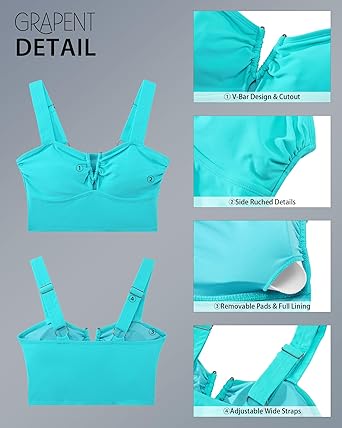 GRAPENT Bikini Tops for Women Cropped Tankini Tops Beach V Bar Padded Ruched Adjustable Strap Swimsuit Swim Top Only