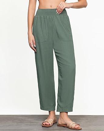 GRAPENT Linen Pants Women Wide Leg High Waisted Cropped Barrel Pull On Smocked Elastic Waist Summer Pants with Pockets