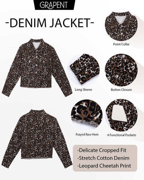 GRAPENT Leopard Jean Jacket Women Cheetah Print Stretchy Frayed Hem Jackets Long Sleeve, Turn-Down Collar, Button Up Denim Jackets, Animal Print, Raw Hem, Four Pockets, Casual Daily Wear, Fall Outfits