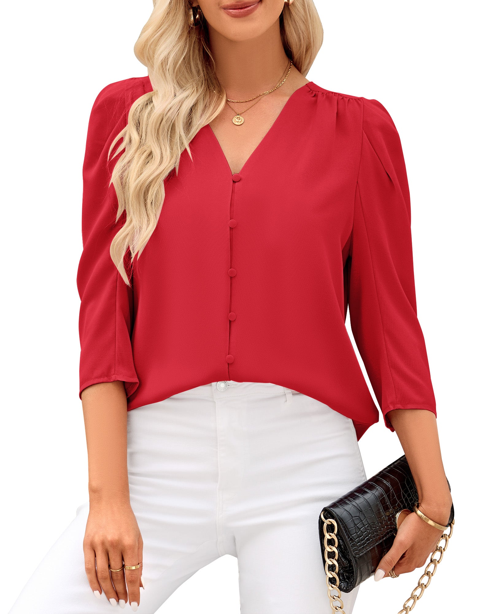 GRAPENT 2023 Womens Tops Dressy Casual Work Blouses 3/4 Puff Sleeves D –  Grapent