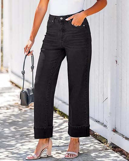 GRAPENT Wide Leg Jeans for Women Trendy High Waisted Cuffed Hem Stretchy Denim Trousers Pants Work Casual Jeans