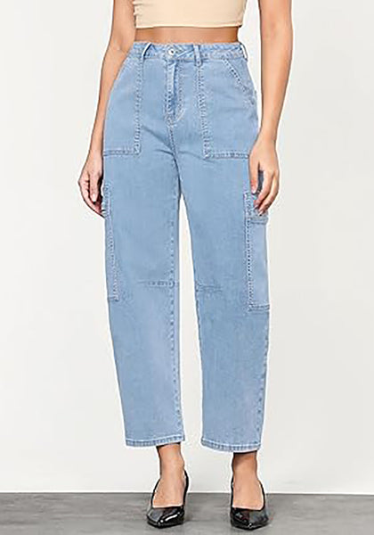 GRAPENT Barrel Jeans for Women Trendy High Waisted Cropped Cargo Pocket Baggy Stretch Denim Pants Wide Leg Tapered Jeans