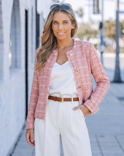 GRAPENT Tweed Blazers for Women Dressy Casual Collarless Work Suit Jackets Textured Tweed, Long Sleeve, Round Neck, Frayed Trim, Casual Blazer Jackets with Shoulder Pads, Business Casual, Office Wear