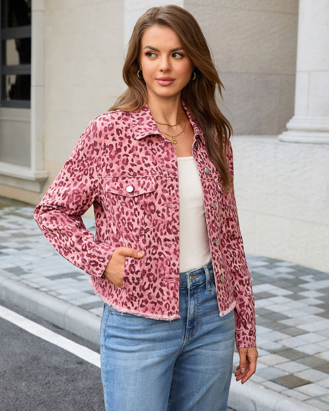 GRAPENT Leopard Jean Jacket Women Cheetah Print Stretchy Frayed Hem Jackets Long Sleeve, Turn-Down Collar, Button Up Denim Jackets, Animal Print, Raw Hem, Four Pockets, Casual Daily Wear, Fall Outfits