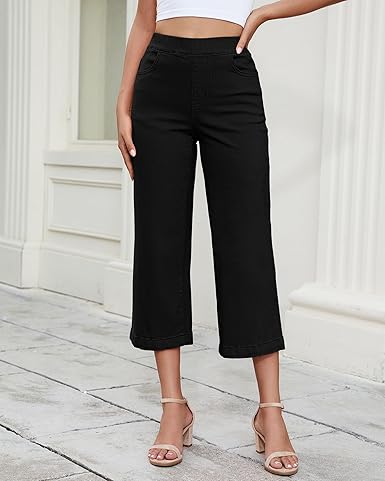 GRAPENT Capri Jeans for Women Wide Leg High Waisted Effortless Flow Pull On Stretchy Denim Elastic Waist Pants with Pockets