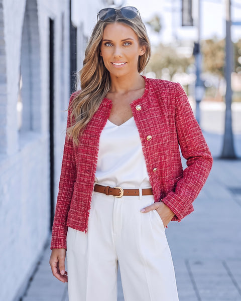 GRAPENT Tweed Blazers for Women Dressy Casual Collarless Work Suit Jackets Textured Tweed, Long Sleeve, Round Neck, Frayed Trim, Casual Blazer Jackets with Shoulder Pads, Business Casual, Office Wear
