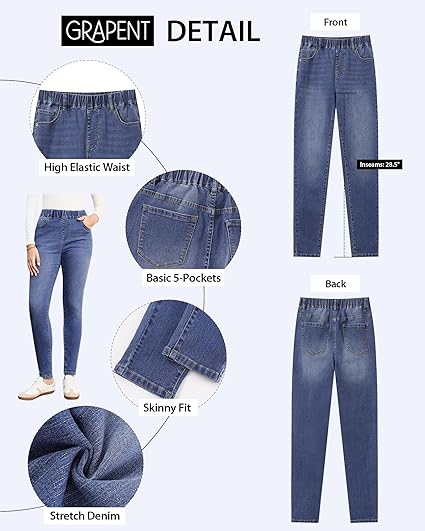 GRAPENT Skinny Jeans for Women High Waisted Trendy Pull On Elastic Waist Slim Jeggings Stretch Denim Pants Trouser Jeans