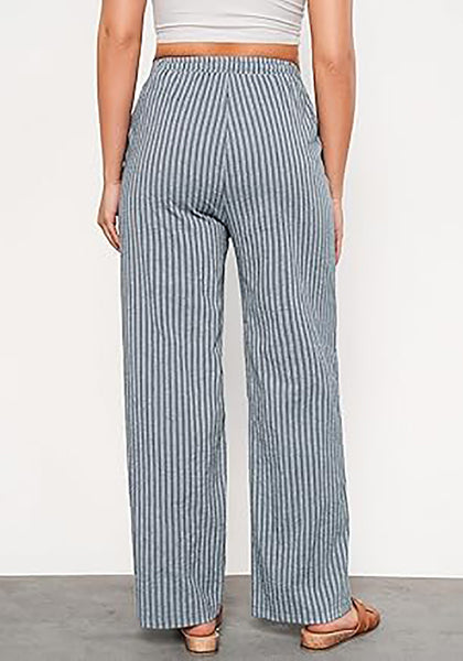 GRAPENT Striped Pants for Women High Waisted Wide Leg Cotton Linen Trendy Beach Pull on Elastic Waist Casual Flowy Pants