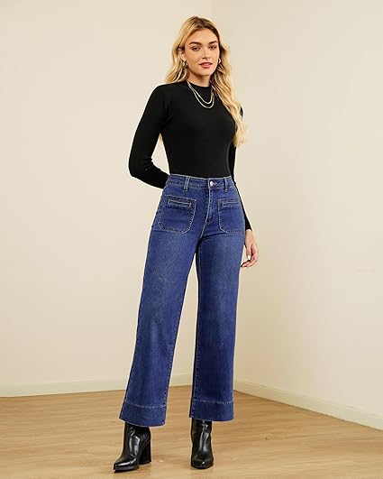 GRAPENT Wide Leg Jeans Woman Trendy High Waisted Patch Pocket Stretchy Denim Pants Vintage Casual Trouser Jeans