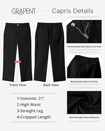 Grapent Women's Capri Straight Lounge Pants Outdoor Breathable Cotton Durable Regular Cropped Trousers