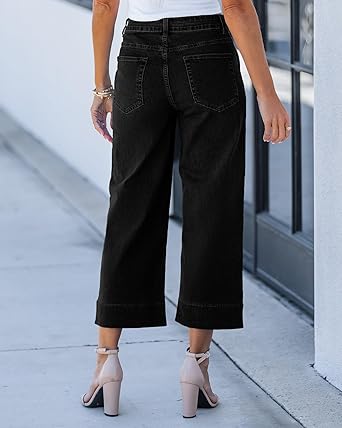 GRAPENT Capri Jeans for Women High Waisted Wide Leg Trendy Strechy Loose Straight Cropped Denim Jeans Pants with Pockets