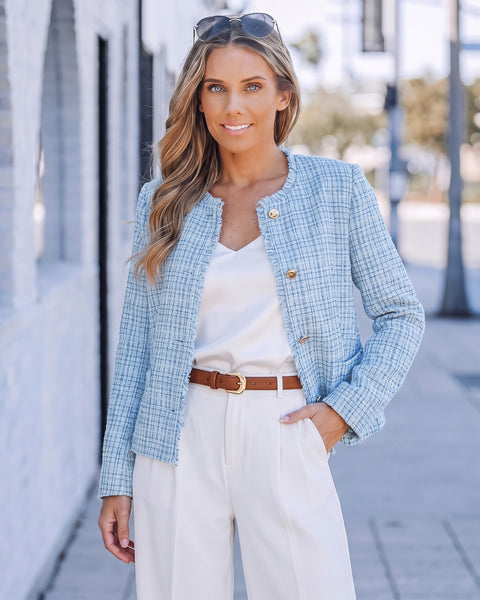 GRAPENT Tweed Blazers for Women Dressy Casual Collarless Work Suit Jackets Textured Tweed, Long Sleeve, Round Neck, Frayed Trim, Casual Blazer Jackets with Shoulder Pads, Business Casual, Office Wear