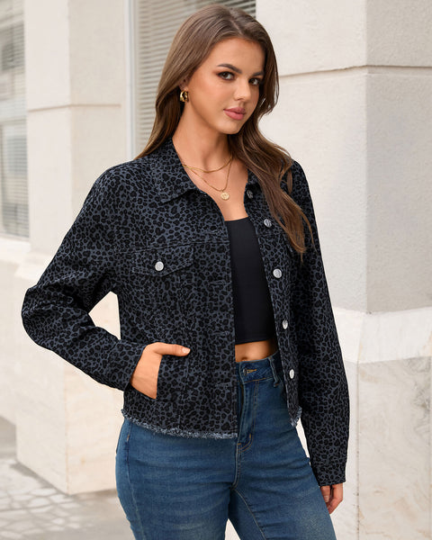 GRAPENT Leopard Jean Jacket Women Cheetah Print Stretchy Frayed Hem Jackets Long Sleeve, Turn-Down Collar, Button Up Denim Jackets, Animal Print, Raw Hem, Four Pockets, Casual Daily Wear, Fall Outfits