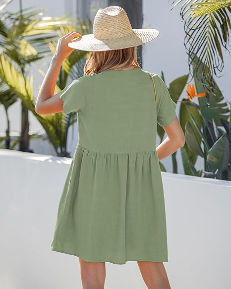 GRAPENT Linen Dresses for Women Casual Summer Babydoll Button Down Short Sleeve V Neck Above Knee Dress with Pockets