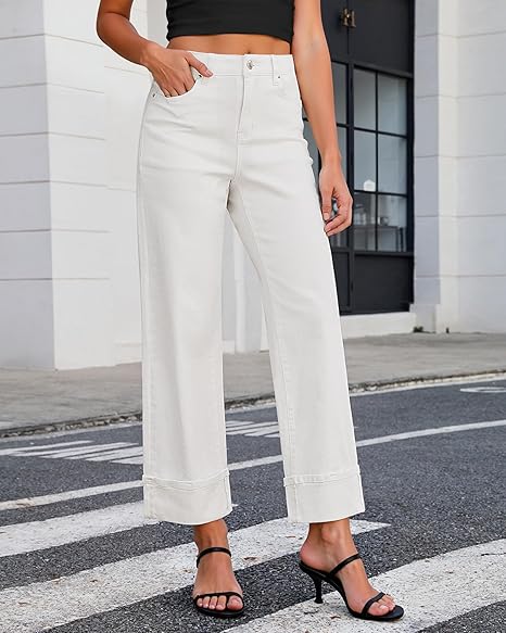 GRAPENT Wide Leg Jeans for Women Trendy High Waisted Cuffed Hem Stretchy Denim Trousers Pants Work Casual Jeans