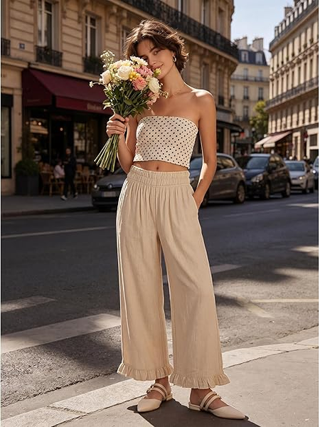 GRAPENT Linen Pants Women Wide Leg Ruffle Hem Pull On High Waisted Elastic Waist Cropped Ankle Casual Beach Summer Pants