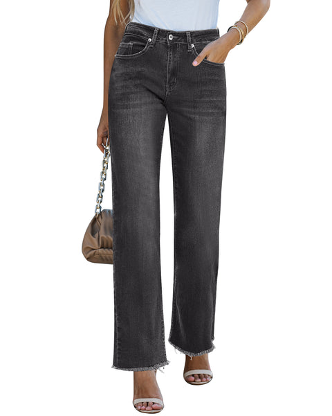 GRAPENT Straight Leg Jeans for Women High Waisted Stretchy Frayed Raw Hem Loose Denim Pants Casual Baggy Jean Trousers