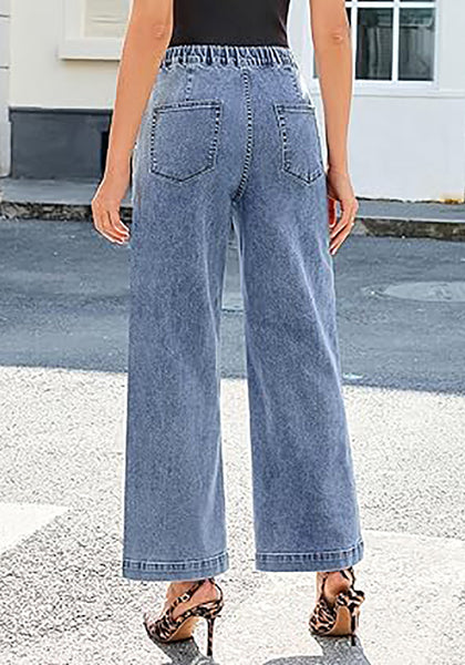 GRAPENT Wide Leg Jeans for Women Trendy High Waisted Drawstring Tie Elastic Waist Stretchy Denim Pants Trouser Jeans