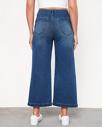 GRAPENT Wide Leg Jeans Woman Trendy Cropped High Waisted Front Seam Casual Stretchy Denim Trouser Jeans with Pockets