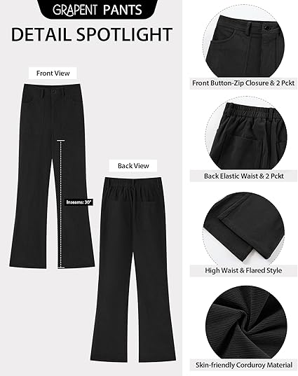 GRAPENT Corduroy Pants for Women Flare High Waisted Fall Winter Elastic Waist Stretchy Work Casual Trendy Wide Leg Pants